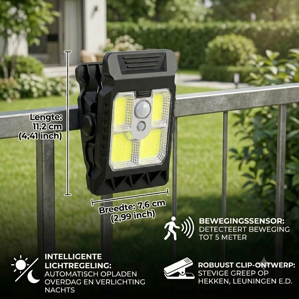 Praktische solarlamp met klem en bewegingssensor