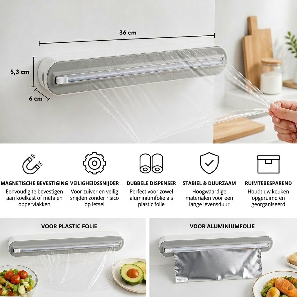 Magnetische wandgemonteerde dispenser voor aluminiumfolie en vershoudfolie, met veiligheidssnijder.