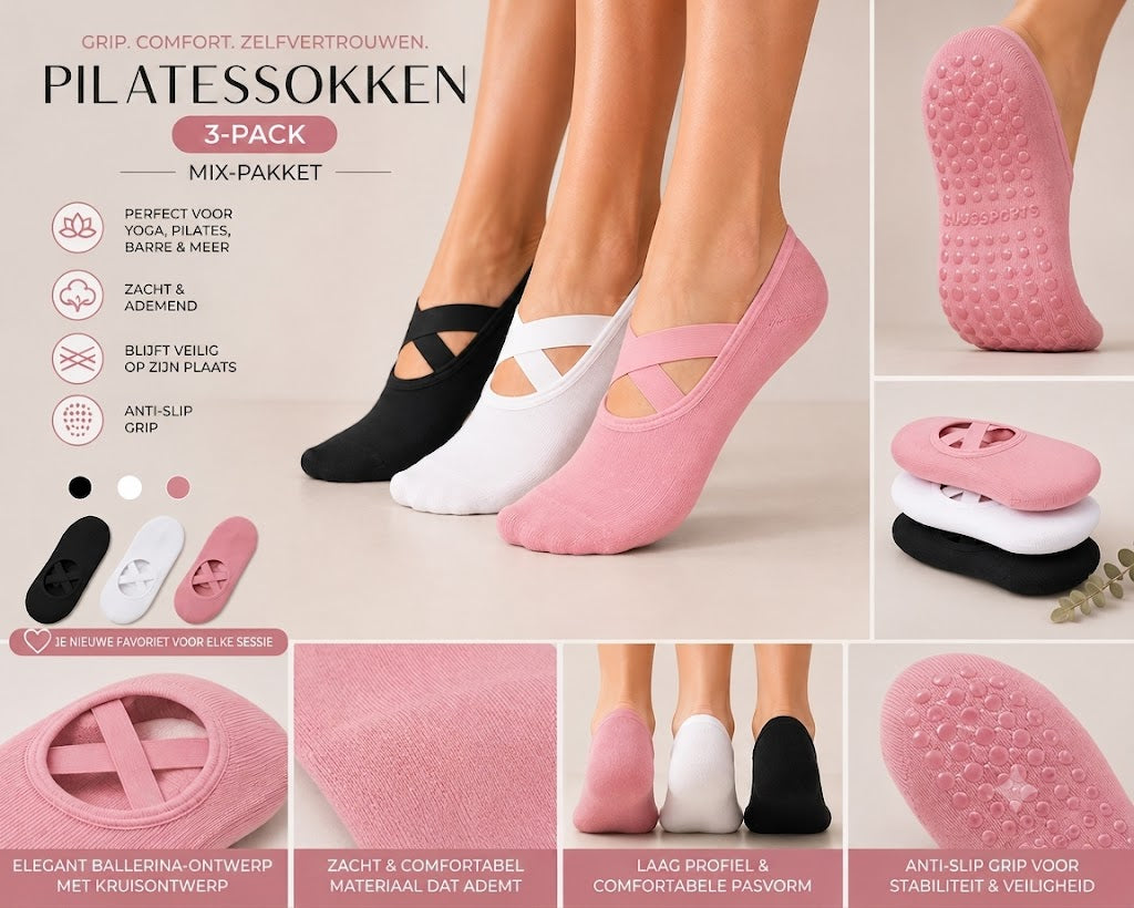 Antislip Pilates Sokken / Pilates Sokken met Grip (1 Set 3 Stuks)