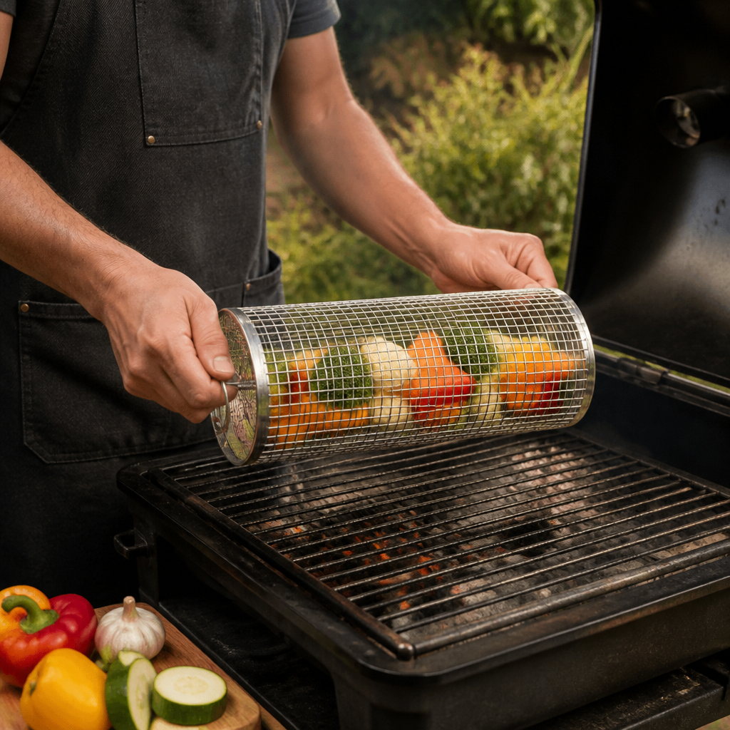 RVS Rollende Barbecue Mand – 360° Roterende Grillmand voor Groenten en Vlees