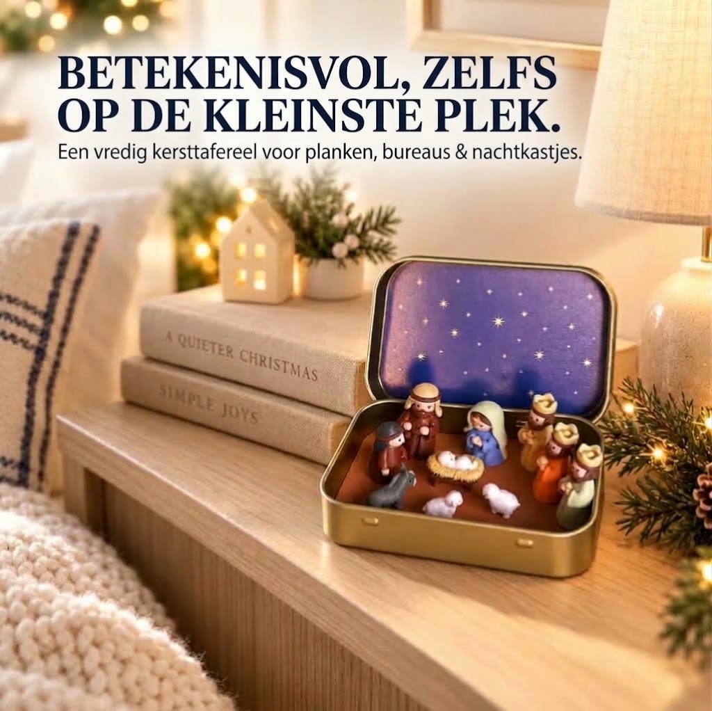 Draagbare mini kerststal in metalen blikje – Handgemaakt kerstspel in zakformaat