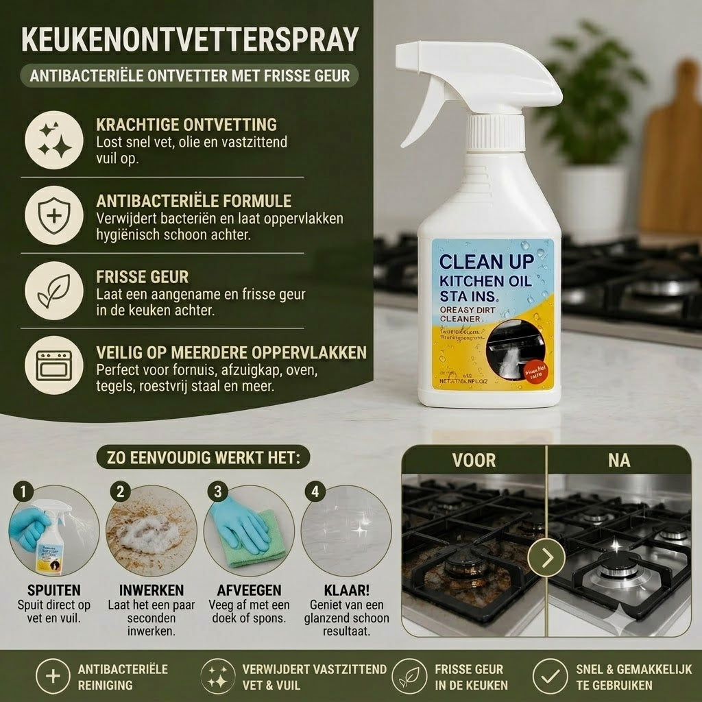 Ontvettingsspray voor de keuken – Antibacterieel en ontvettend, frisse geur.