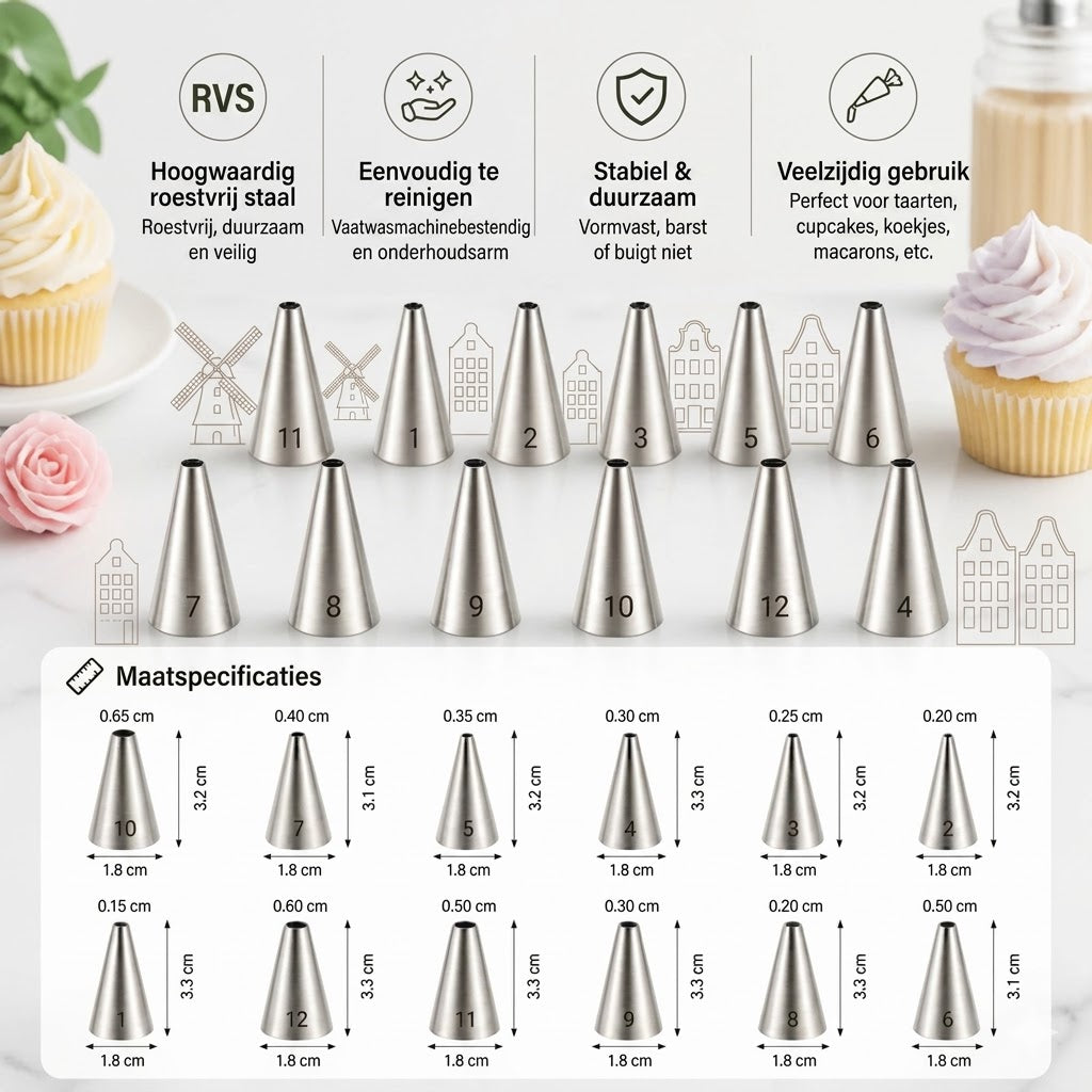 🌷 12-delige spuitmondjes set — Voor het decoreren van taarten, cupcakes en macarons