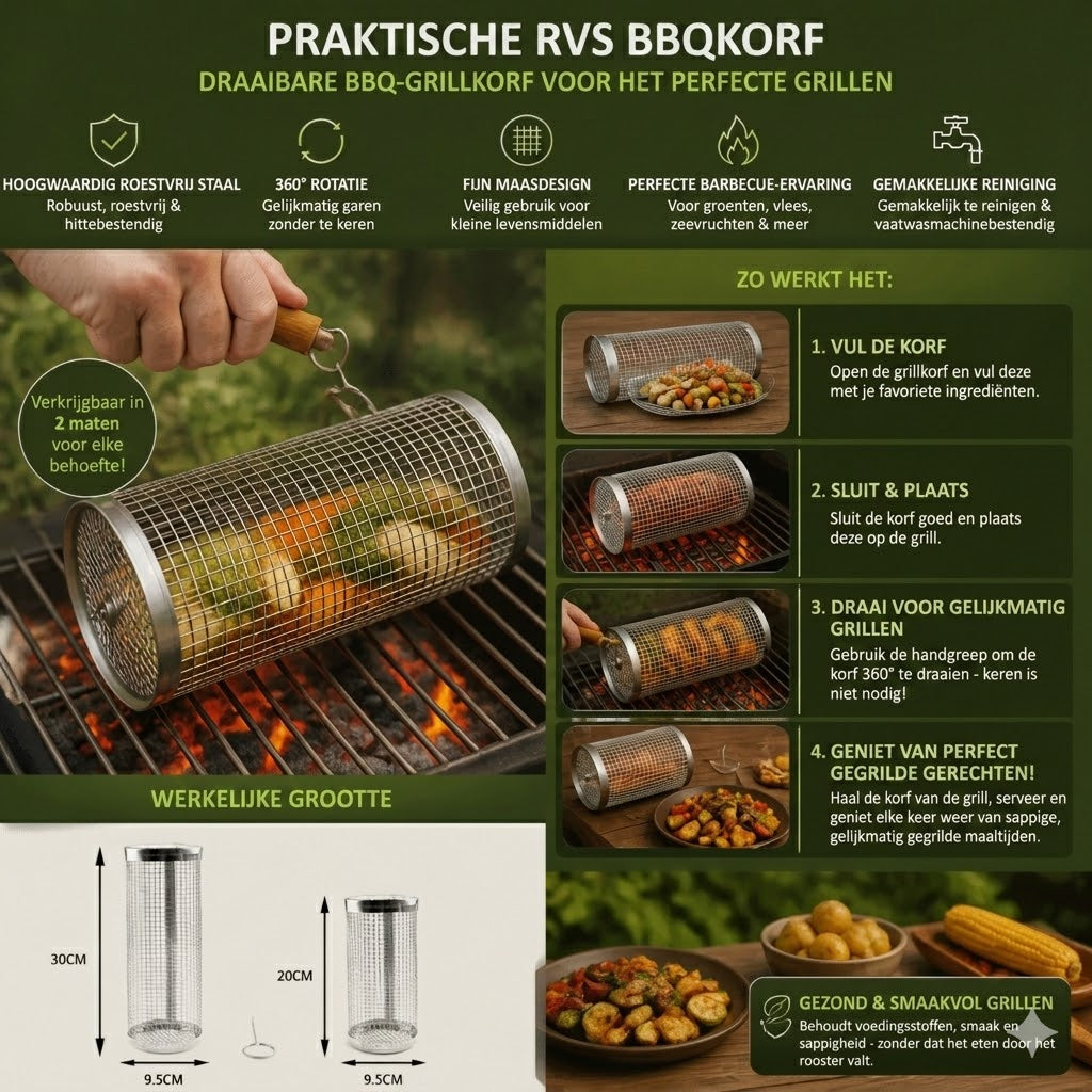 RVS Rollende Barbecue Mand – 360° Roterende Grillmand voor Groenten en Vlees
