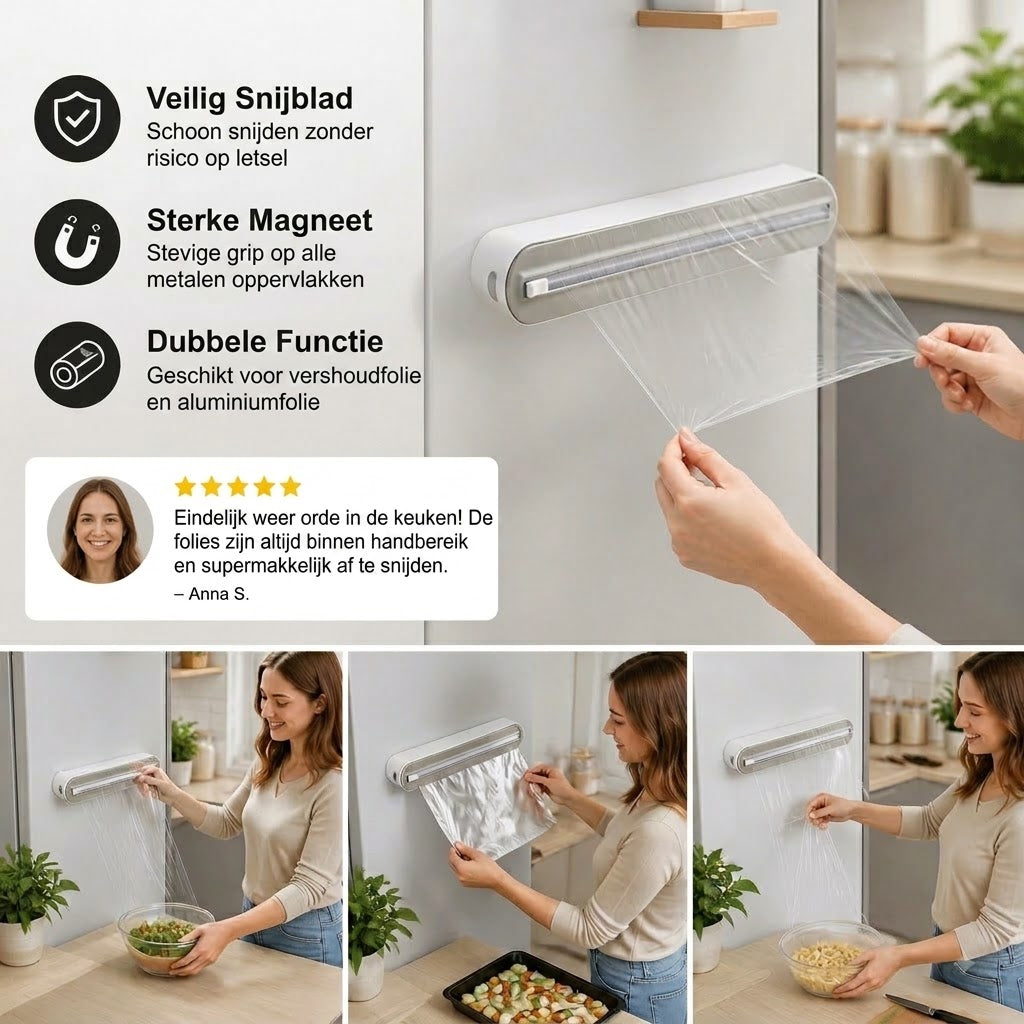 Magnetische wandgemonteerde dispenser voor aluminiumfolie en vershoudfolie, met veiligheidssnijder.