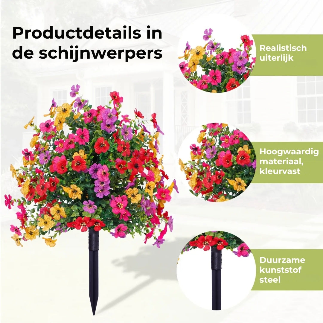 Bloemdecoratie met kunstmatige eucalyptus en viooltjes