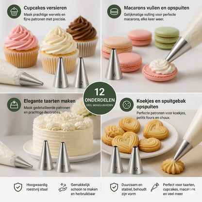 🌷 12-delige spuitmondjes set — Voor het decoreren van taarten, cupcakes en macarons