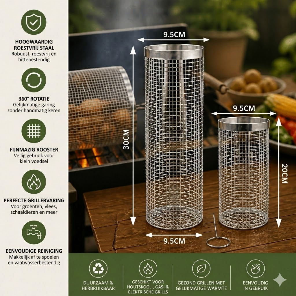 RVS Rollende Barbecue Mand – 360° Roterende Grillmand voor Groenten en Vlees