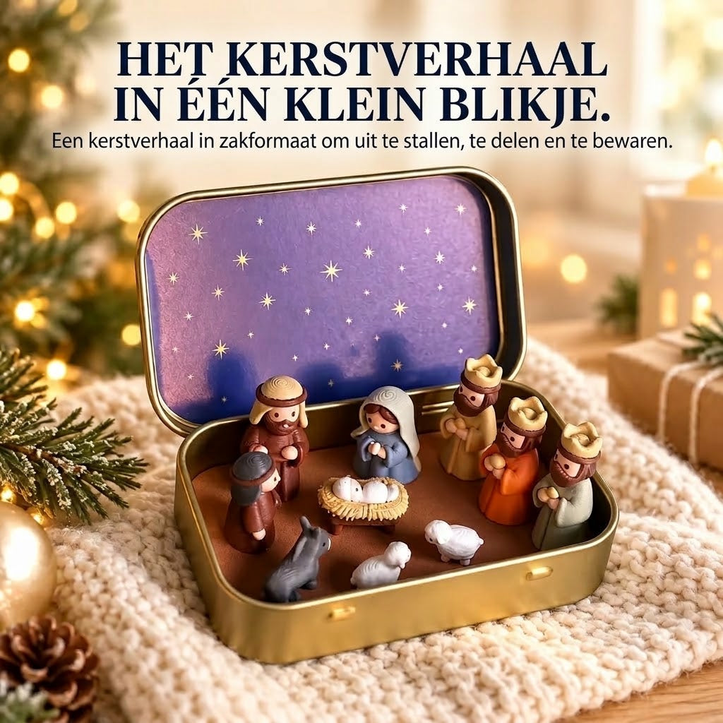 Draagbare mini kerststal in metalen blikje – Handgemaakt kerstspel in zakformaat