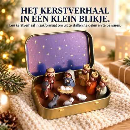 Draagbare mini kerststal in metalen blikje – Handgemaakt kerstspel in zakformaat