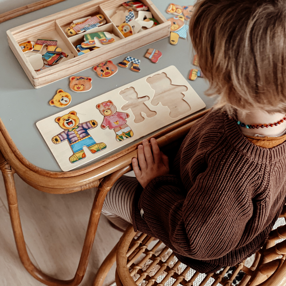 Houten Verkleedpuzzel Beer - Puzzelkist in Opbergdoos (Educatief Speelgoed).