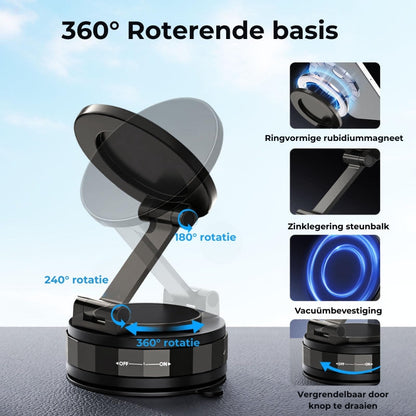 Magnetische Telefoonhouder Auto - Vacuüm Adsorptie & Magnetisch - 360° Draaibaar - Super Stabiel op Dashboard & Ruit