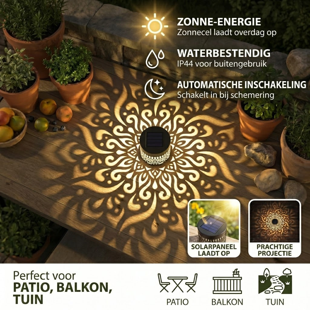 Kleurrijke Solar Mandala Tuinverlichting – Waterdichte LED Wandlamp met Projectie-effect voor Buiten