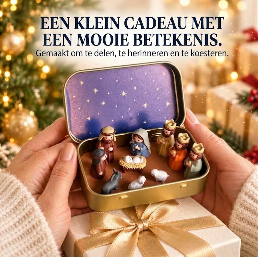 Draagbare mini kerststal in metalen blikje – Handgemaakt kerstspel in zakformaat