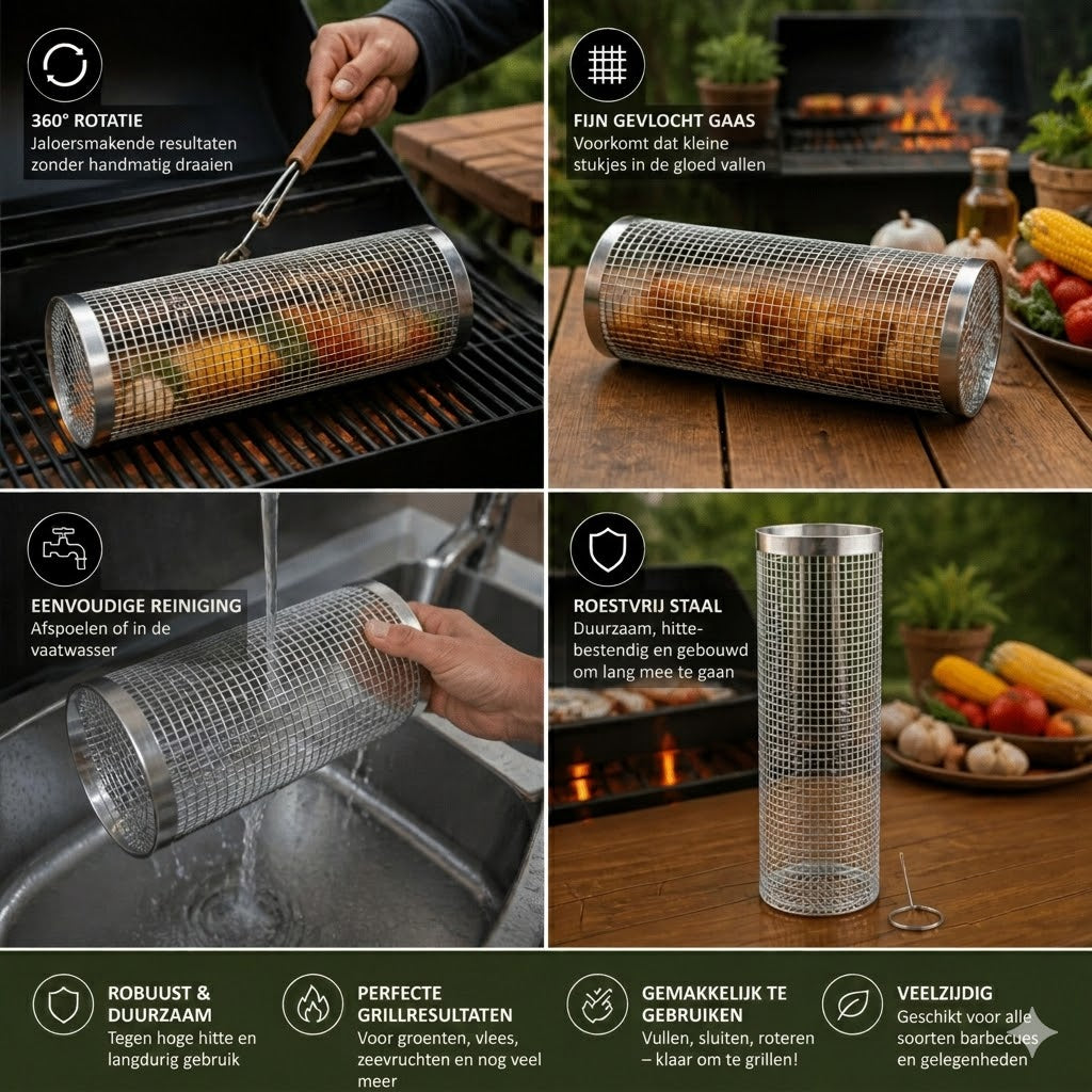 RVS Rollende Barbecue Mand – 360° Roterende Grillmand voor Groenten en Vlees