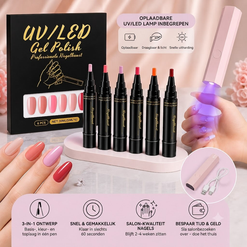 SalonPen – 3-in-1 Nagellak Pen (met UV-lamp) – Set van 6