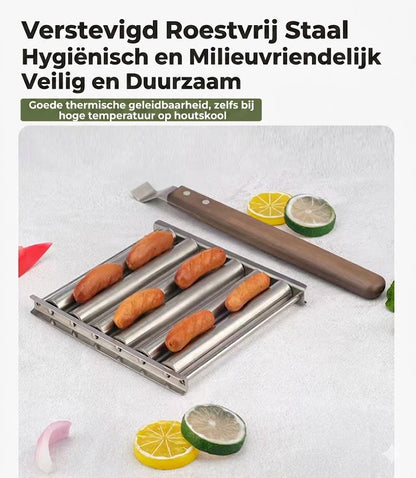 Roestvrijstalen worstroller voor op de grill — Met houten handvat