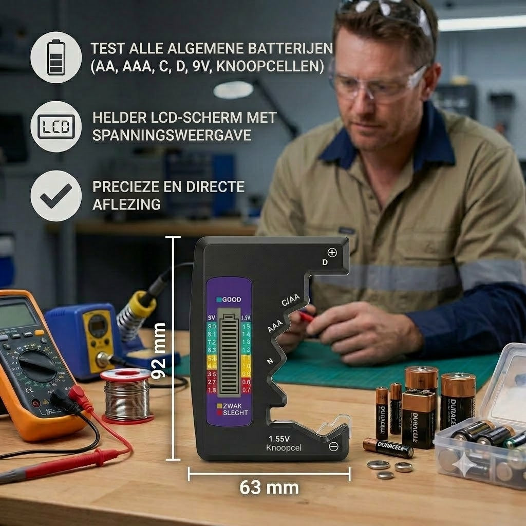 Digitale batterijtester met LCD-scherm – kan de capaciteit meten van AA, AAA, C, D, 9V en knoopcelbatterijen 🔋