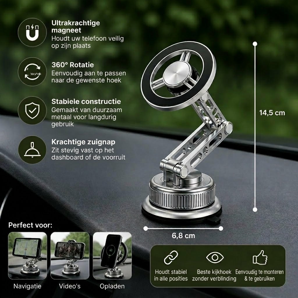 Volledig metalen telefoonhouder voor de auto met supersterke magneten en zuignap