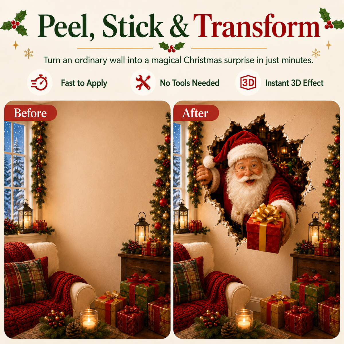 "Breek door" Kerststickers – Creatieve 3D-stickers voor ramen en muren