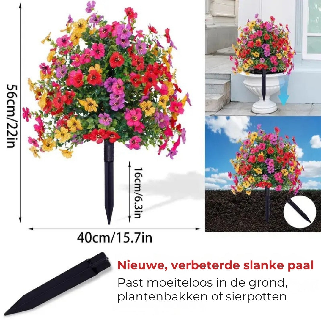 Bloemdecoratie met kunstmatige eucalyptus en viooltjes