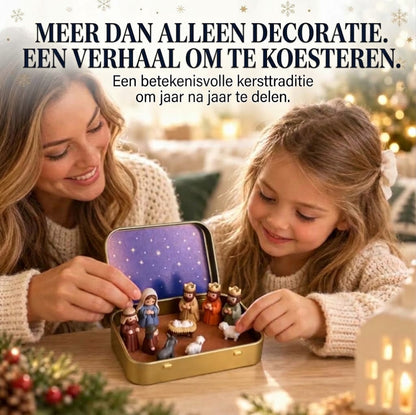 Draagbare mini kerststal in metalen blikje – Handgemaakt kerstspel in zakformaat