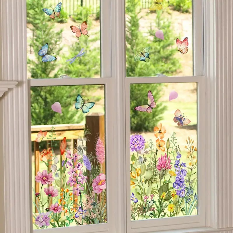 🦋🌺 Kleurrijke Bloemenboeket Raamstickers 🌷🌹