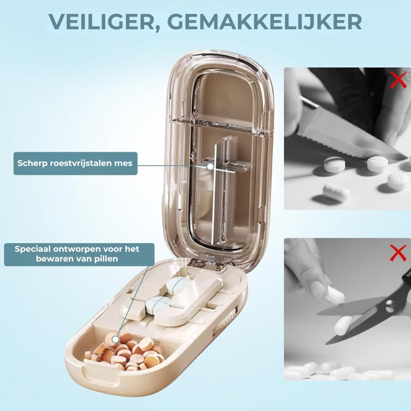 2-in-1 Pillensnijder & Pillensplitter - Verstelbaar voor Alle Maten - Nauwkeurig Snijden - Transparant
