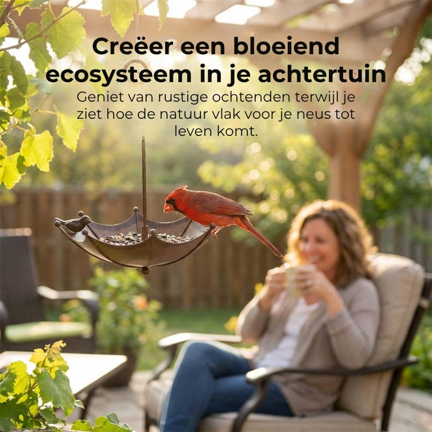 Hangend Vogelvoederhuisje en Drinkschaal – Parapluvormige Voedersilo – 2-in-1 Voederstation