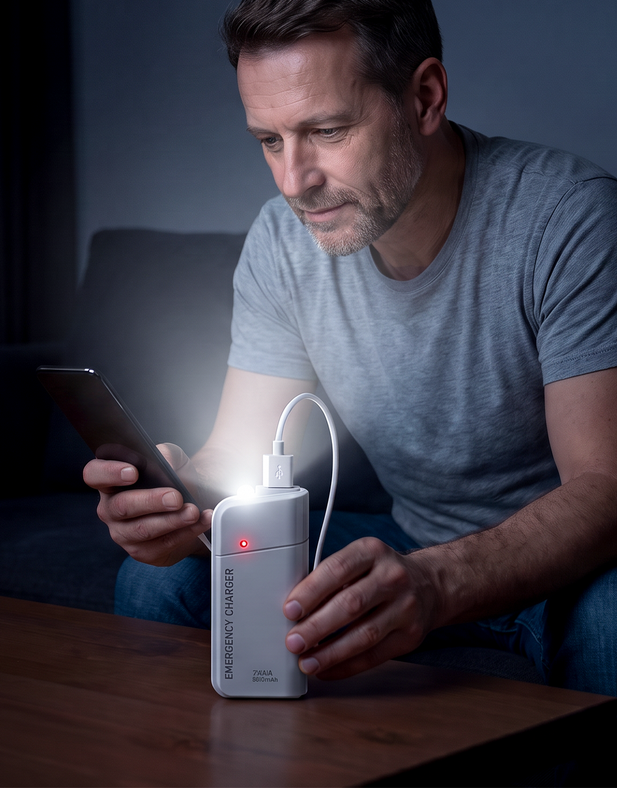 Powerbank op AA-batterijen met LED-zaklamp – biedt extra stroom voor je mobiele telefoon in noodsituaties