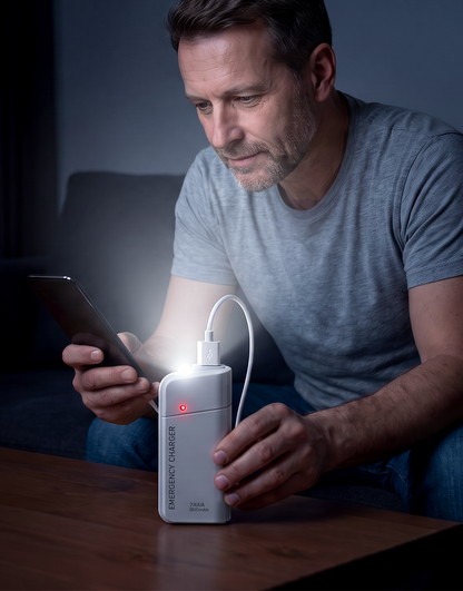 Powerbank op AA-batterijen met LED-zaklamp – biedt extra stroom voor je mobiele telefoon in noodsituaties
