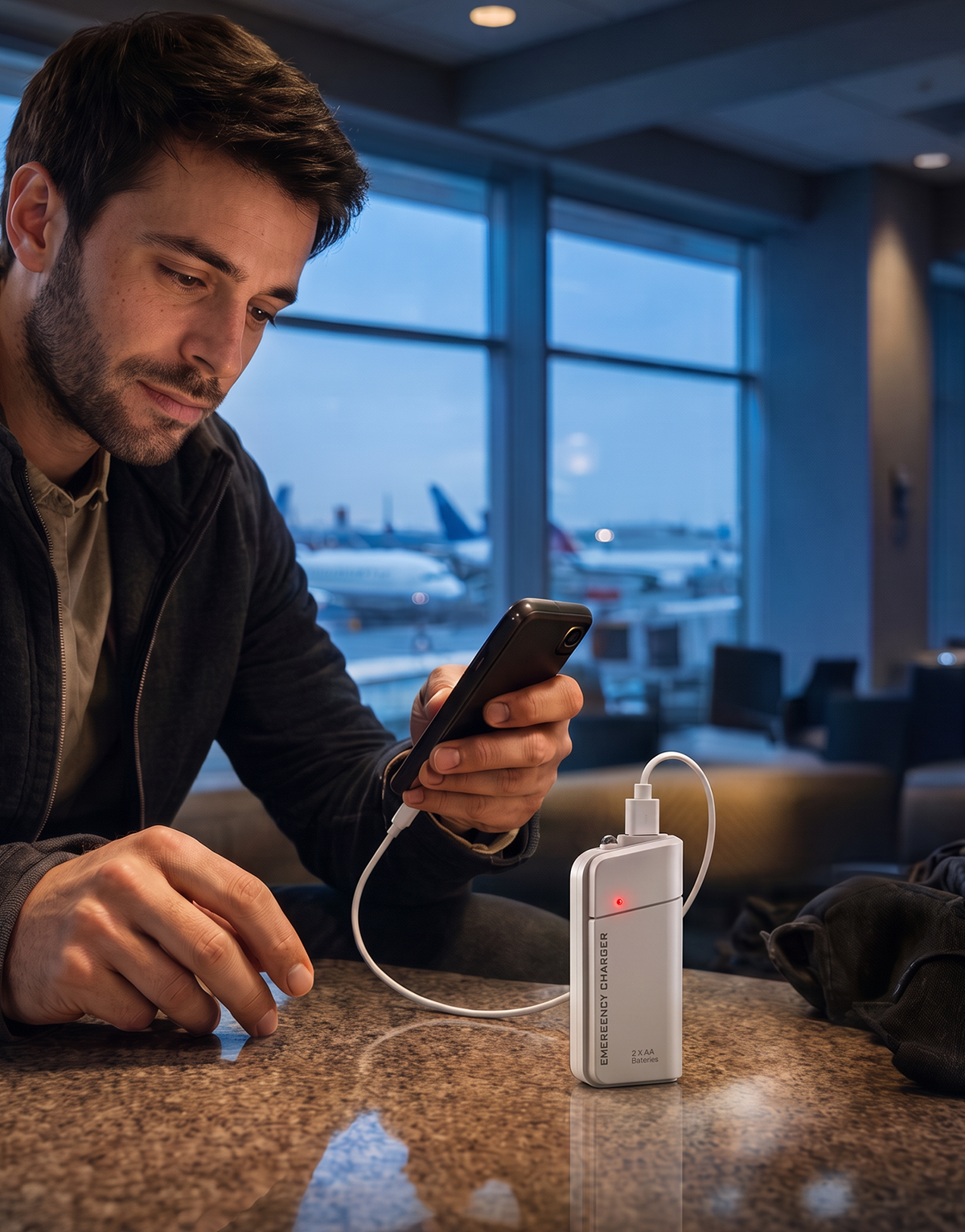 Powerbank op AA-batterijen met LED-zaklamp – biedt extra stroom voor je mobiele telefoon in noodsituaties