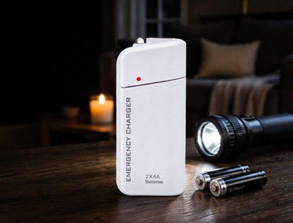Powerbank op AA-batterijen met LED-zaklamp – biedt extra stroom voor je mobiele telefoon in noodsituaties