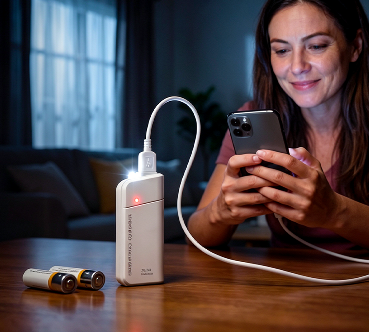 Powerbank op AA-batterijen met LED-zaklamp – biedt extra stroom voor je mobiele telefoon in noodsituaties