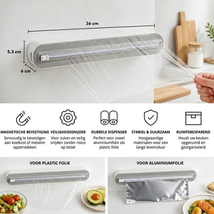 Magnetische wandgemonteerde dispenser voor aluminiumfolie en vershoudfolie, met veiligheidssnijder.