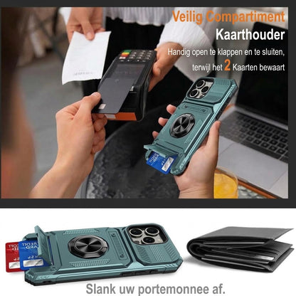 Schokbestendig iPhone-hoesje met pashouder en geïntegreerde ringhouder