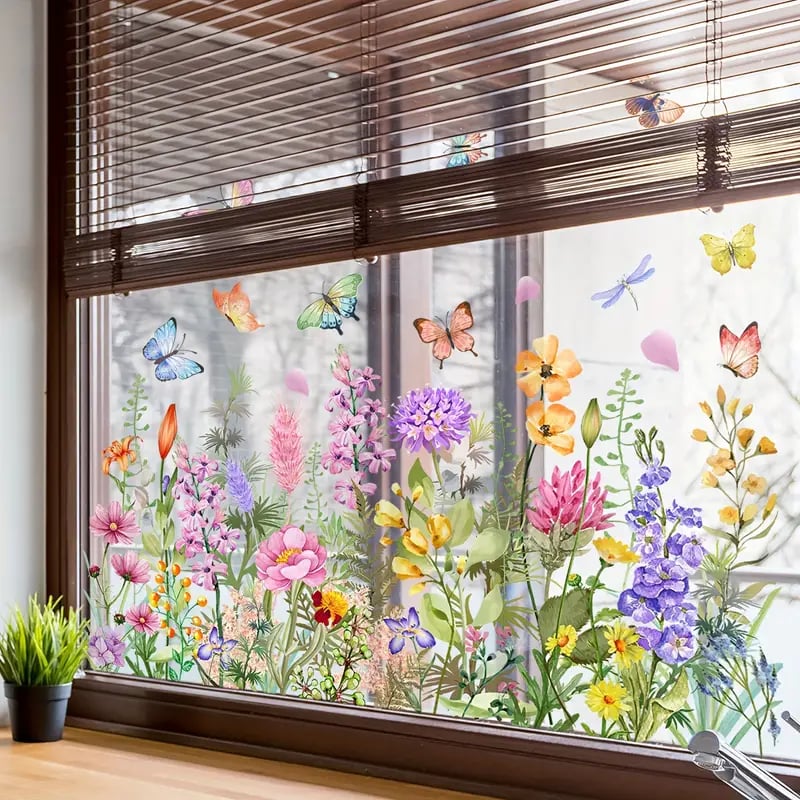 🦋🌺 Kleurrijke Bloemenboeket Raamstickers 🌷🌹