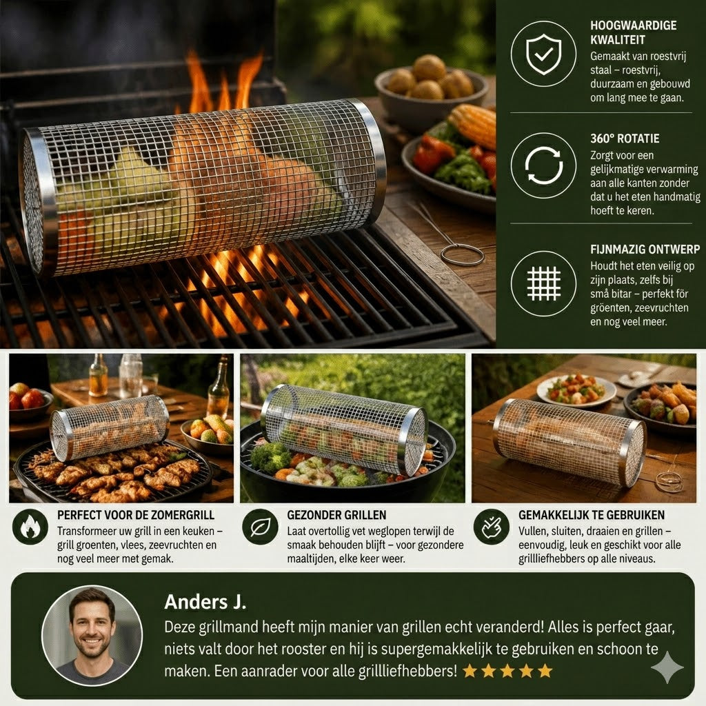 RVS Rollende Barbecue Mand – 360° Roterende Grillmand voor Groenten en Vlees