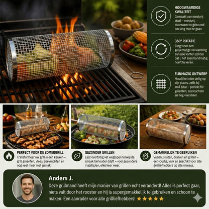 RVS Rollende Barbecue Mand – 360° Roterende Grillmand voor Groenten en Vlees