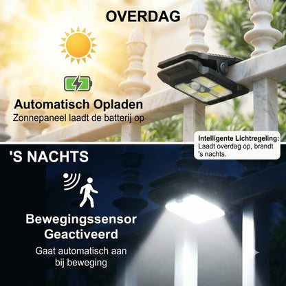 Praktische solarlamp met klem en bewegingssensor