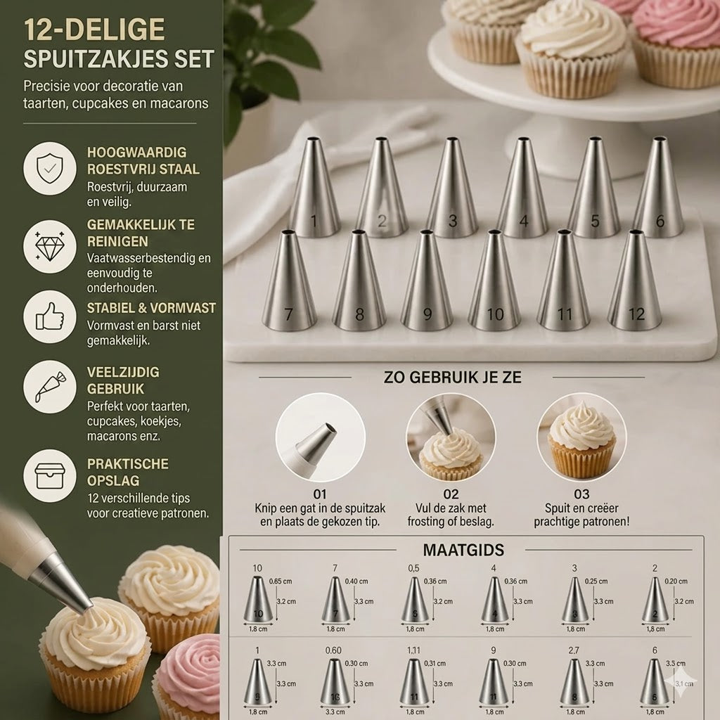 🌷 12-delige spuitmondjes set — Voor het decoreren van taarten, cupcakes en macarons