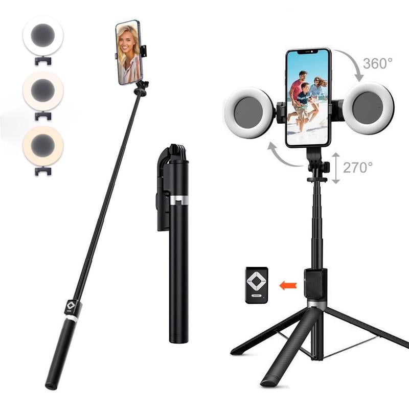 6-in-1 Selfiestick Statief met Licht - Bluetooth Tripod met Afstandsbediening (Voor iPhone & Android).