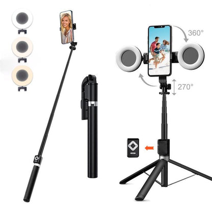 6-in-1 Selfiestick Statief met Licht - Bluetooth Tripod met Afstandsbediening (Voor iPhone & Android).