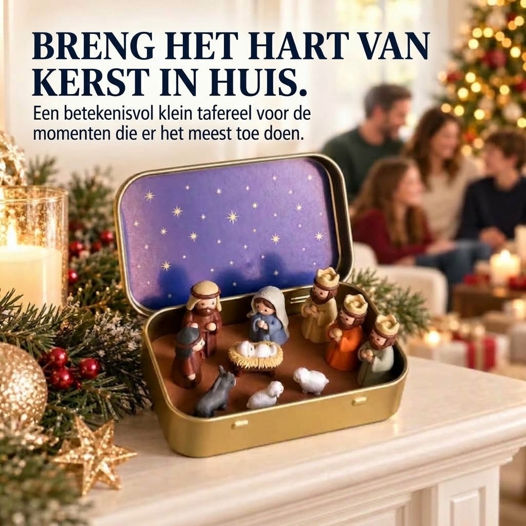 Draagbare mini kerststal in metalen blikje – Handgemaakt kerstspel in zakformaat