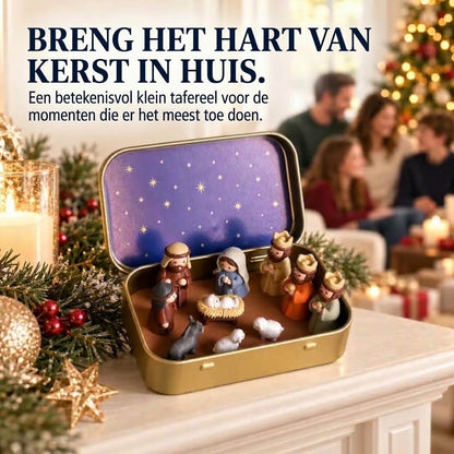 Draagbare mini kerststal in metalen blikje – Handgemaakt kerstspel in zakformaat