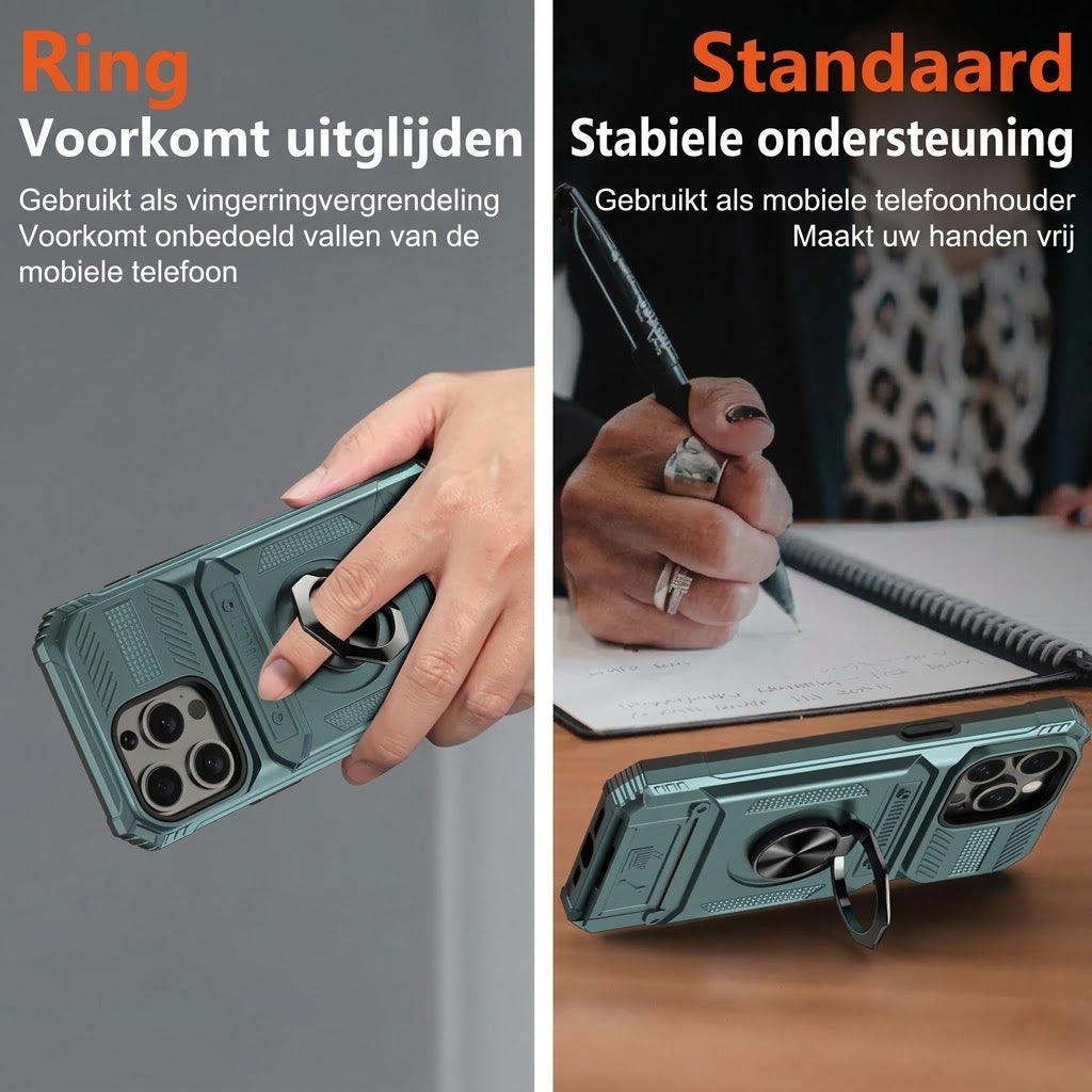 Schokbestendig iPhone-hoesje met pashouder en geïntegreerde ringhouder