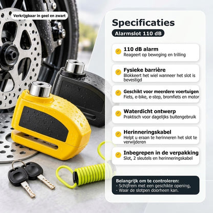 110 dB schijfremslot met alarm – Geschikt voor fietsen, bromfietsen en motorfietsen