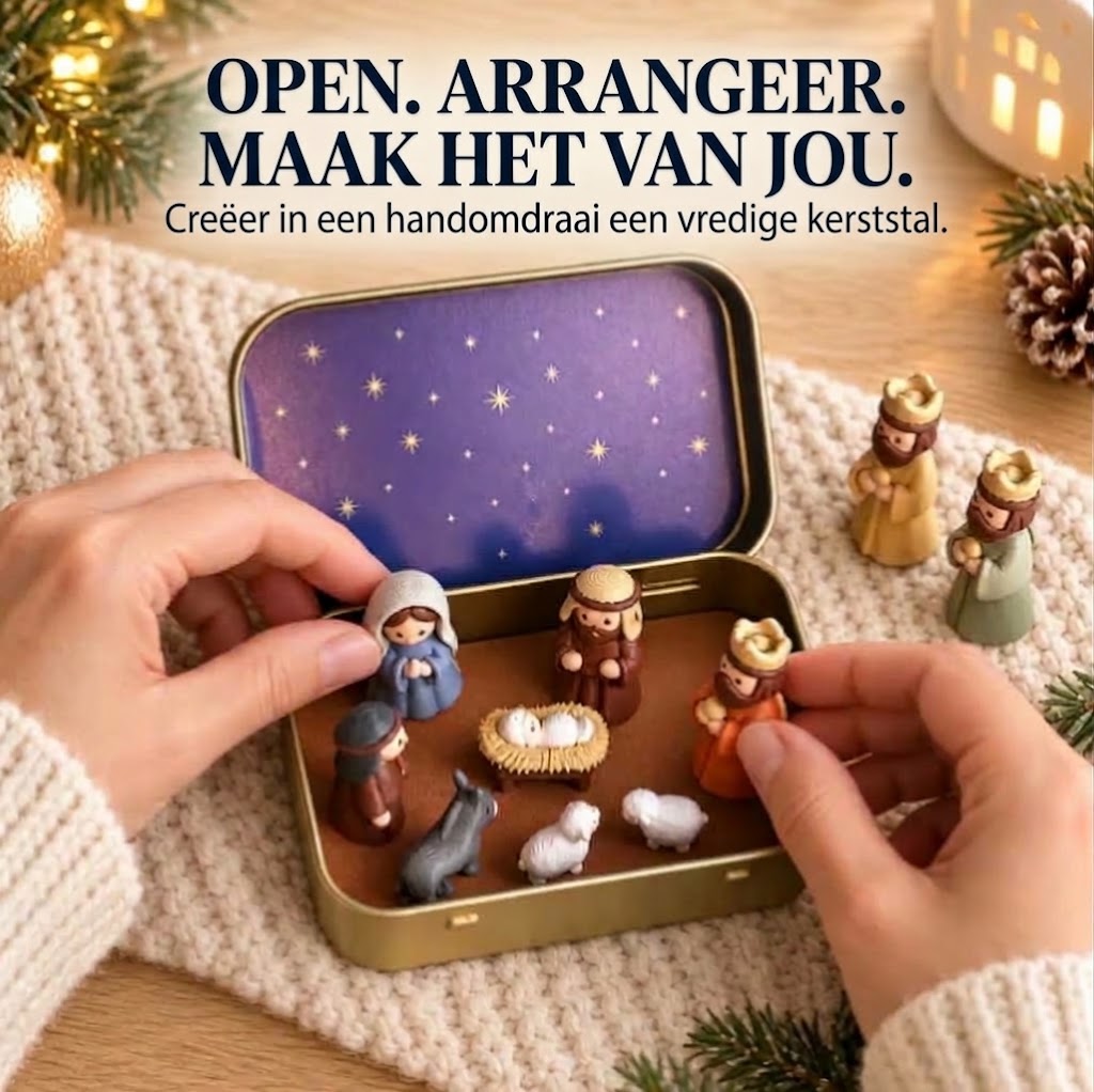 Draagbare mini kerststal in metalen blikje – Handgemaakt kerstspel in zakformaat