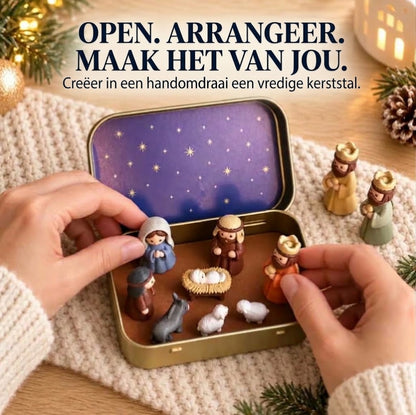 Draagbare mini kerststal in metalen blikje – Handgemaakt kerstspel in zakformaat