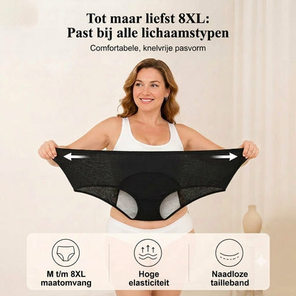 Lekvrije menstruatieslip met hoge taille, dubbele bescherming voor en achter – voorkomt effectief doorlekken aan de zijkanten